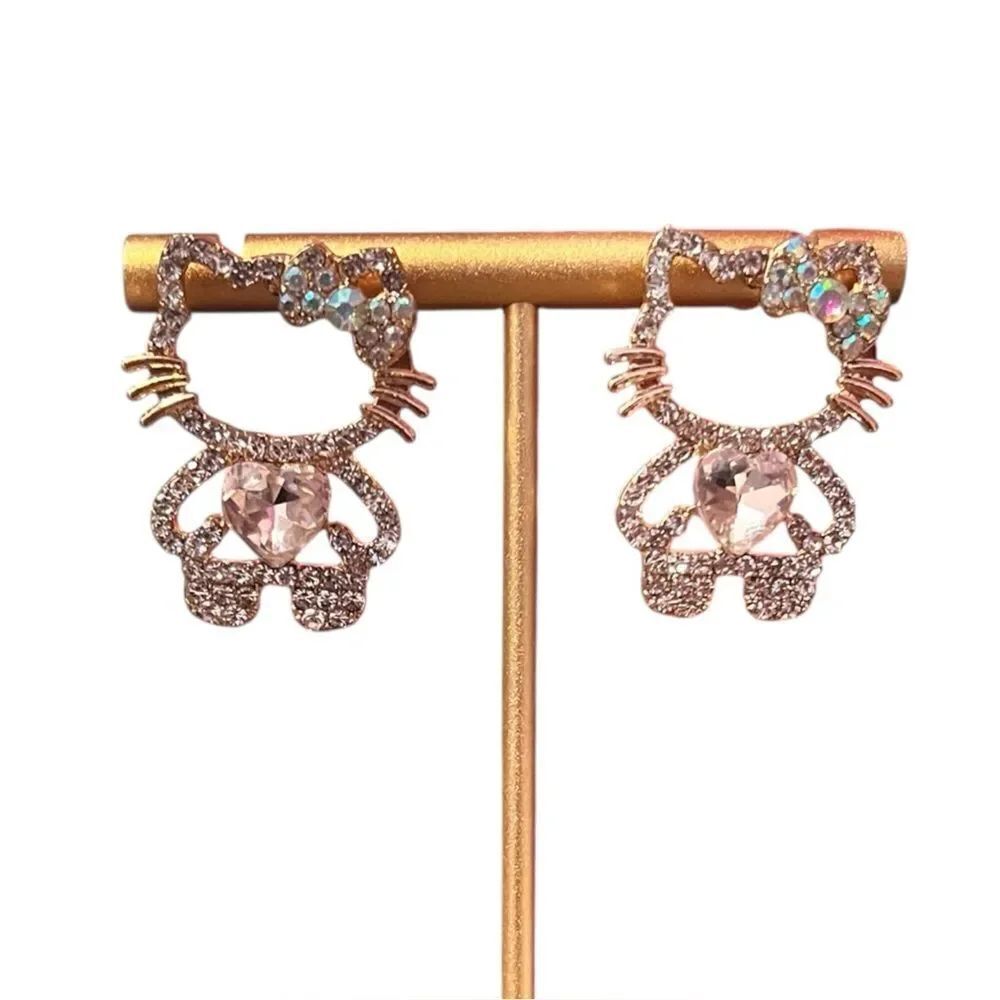 Iridescent And Pink Crystal Hello Kitty Earrings
